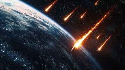 Wall Mural - A view of Earth with burning meteor showers in space