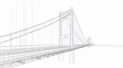 Poster - Detailed wireframe blueprint of a suspension bridge showcasing structural design and perspective view