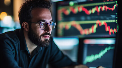 Poster - Focused trader analyzing market trends during late-night session with multiple monitors displaying lively charts and data