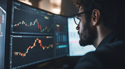 Poster - Focused trader analyzing market trends and data in a modern office setting during evening hours