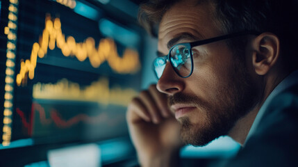 Poster - Focused analyst reviews market trends while deep in thought during a late night session