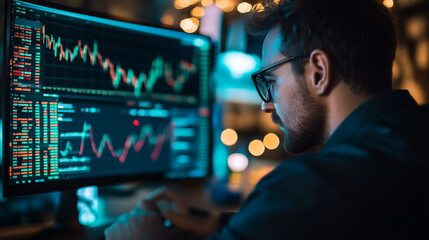 Poster - Focused trader analyzes market trends at night, surrounded by glowing screens and a lively atmosphere