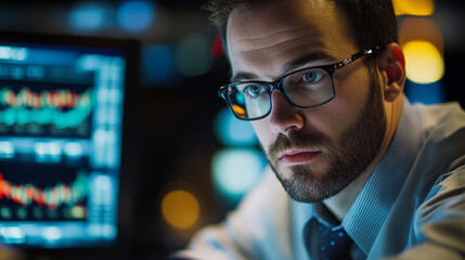 Poster - Intense focus on market trends in a busy financial hub during the evening hours