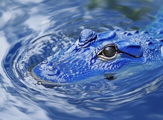 Poster - Stunning Close-Up of a Blue Crocodile Gliding in Calm Waters, Showcasing Unique Colors and Intricate Scales Under Natural Light