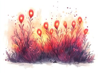 Wall Mural - Sunset Fantasy Floral Watercolor Painting with Warm Colors