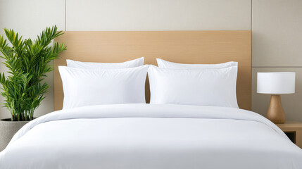 Wall Mural - Fresh white linens on perfectly made hotel bed with cozy ambiance