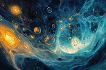 Fototapete - Glowing gas bubbles create an otherworldly experience underwater at a vibrant marine ecosystem. Generative AI