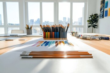 Poster - Creative workspace design elements under natural light featuring colorful graphics closeup view modern office environment