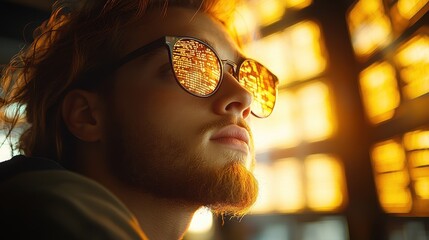 Young Man with Code Reflected in Sunglasses, Futuristic Vision