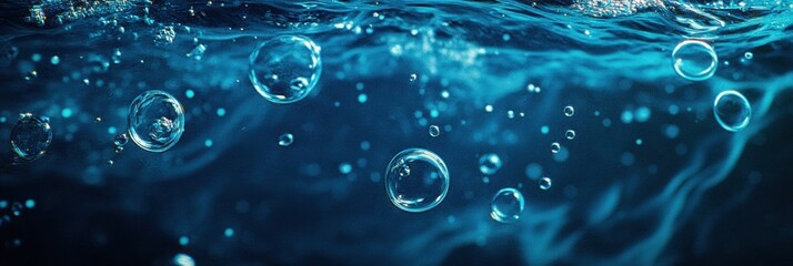 Aufkleber - Glowing gas bubbles rising through clear blue water create a mesmerizing underwater display in a tranquil aquatic environment. Generative AI