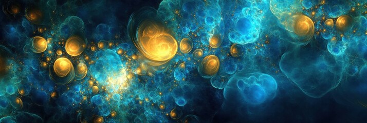 Aufkleber - Glowing gas bubbles create a mesmerizing underwater spectacle in vibrant hues of blue and gold. Generative AI