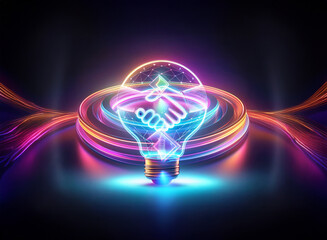 Poster - vibrant neon lightbulb with a handshake created using a double exposure technique. abstract and futu