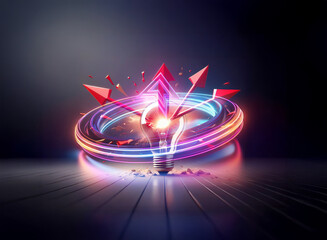 Poster - abstract image featuring a glowing lightbulb with arrows and light rings in a double exposure style 