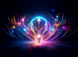 Aufkleber - a double exposure image features a luminous light bulb, emitting vibrant neon streaks and arrows on 