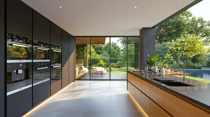 Poster - Energy-efficient appliances showcase in a modern kitchen surrounded by natural light wide angle view highlighting sleek design