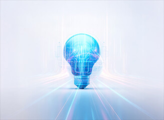 Canvas Print - Bright light bulb with a double exposure effect showcasing digital circuit patterns inside.  A futuristic and technological concept is presented with glowing light trails.