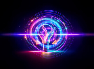 Poster - a vibrant double exposure image of a lightbulb surrounded by glowing neon circles against a dark bac
