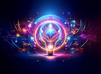 Poster - vibrant double exposure abstract art. neon lightbulb design with glowing circles, abstract and futur