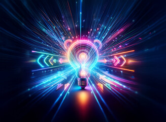 Poster - A vibrant double exposure image featuring a glowing light bulb surrounded by neon streaks and abstract light rays against a dark backdrop.