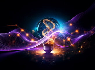 Poster - Double exposure art: DNA helix inside a glowing light bulb with purple waves and orange light trails against a dark backdrop, symbolizing innovation.