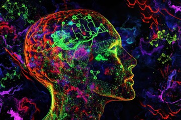 Wall Mural - Human head silhouette filled with glowing AI nodes and cosmic patterns in a vibrant cyberpunk background. Generative AI