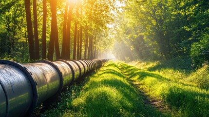 Poster - Gas pipelines run through a vibrant green forest with sunlight filtering through the trees in early morning. Generative AI