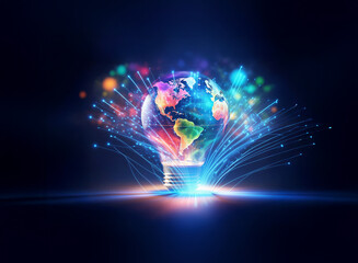 Aufkleber - a vibrant double exposure of a world map within a light bulb, radiating bright energy lines against 
