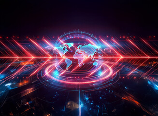 Poster - vibrant double exposure art featuring a glowing world map with neon red and blue geometric elements,