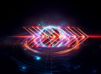 Poster - a double exposure image of a glowing globe and arrows in vibrant neon colors against a dark backdrop