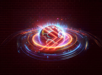 Wall Mural - glowing globe with vibrant light trails creates a dynamic, futuristic effect against a dark brick wa