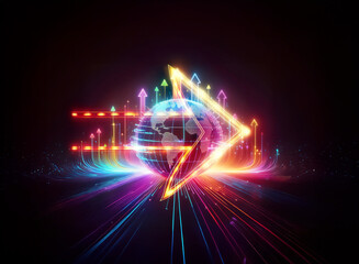 Poster - vibrant double exposure art features a glowing globe surrounded by neon arrows pointing upwards, sym