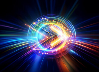 Wall Mural - abstract double exposure image featuring a bright arrow in a circle with radiating colorful light ra
