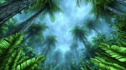 Wall Mural - Lush Tropical Rainforest Canopy Under A Mysterious Cloudy Sky