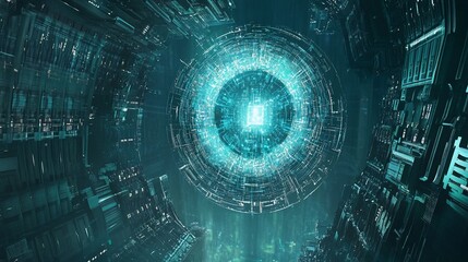 Aufkleber - Cyberpunk Cityscape: Glowing Core of a Futuristic Metropolis