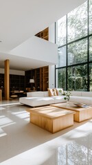 Poster - Serene minimalist living space open concept design modern home soft daylight wide shot interior elegance