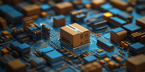 Poster - Brown Cardboard Box on Blue and Gold Circuit Board