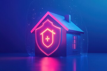 Poster - Pink and Blue Neon House with Protective Shield 3D Rendering