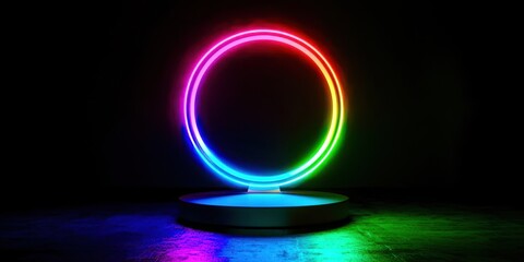 Wall Mural - Neon lighted circle is lit up in a dark room