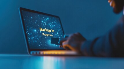 Fototapete - Minimalist Cybersecurity Workflow Next-Gen Data Protection for Remote Professionals - Blue-Toned Digital Safety Visualization in High-Performance Tech Environment