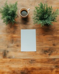 Canvas Print - Minimalist Workspace Zen Biophilic Design Meets Productivity - Green Plants, Coffee and Blank Canvas for Creative Professionals