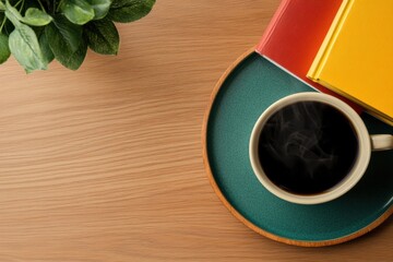 Poster - Minimalist Workspace Serenity Color-Block Coffee Moment with Botanical Accent - Productivity and Creative Inspiration for Modern Professionals