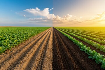 Leinwandbilder - Climate-Smart Agriculture Revolution Precision Farming Landscape Reveals Sustainable Crop Innovation with Symmetrical Green Tech Transformation at Golden Hour