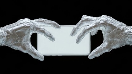 Poster - Digital Dystopia Chrome Hands and Smartphone Screens - Immersive Visual Metaphor for Tech Addiction, Generational Disconnection, and Hyper-Connected Lifestyle Tensions