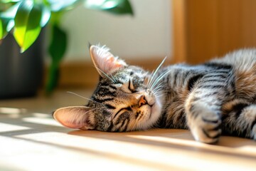 Poster - Serene Home Sanctuary Soft Tabby Cat Embracing Natural Light and Minimalist Wellness - Cozy Interior Design Inspiration for Mindful Living Spaces