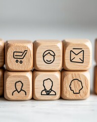 Poster - Minimalist Business Ecosystem Wooden Cubes Revealing Organizational Connectivity and Strategic Icon Mapping for Modern Workplace Innovation