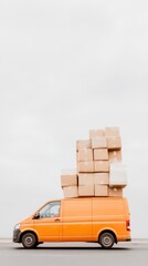 Fototapete - Urban Logistics Revolution Minimalist Orange Delivery Van Stacked with Eco-Conscious Cardboard Boxes - Next-Gen Sustainable Shipping Solutions for Digital Commerce Era