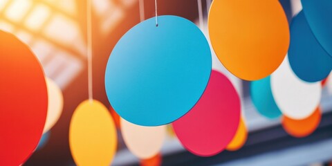 Aufkleber - Vibrant Data Visualization Hanging Color Discs Symbolizing Dynamic Business Intelligence, Creative Analytics, and Modern Collaborative Workplace Strategies