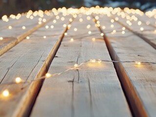 Poster - Rustic Hygge Elegance Warm Wooden Texture with Festive Fairy Lights - Cozy Winter Branding and Nostalgic Digital Content Creation