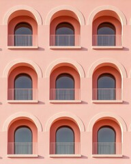 Poster - Soft Modernist Urban Living Arched Terracotta Residential Design Showcasing Harmonious Architectural Rhythm and Contemporary Minimalist Aesthetic