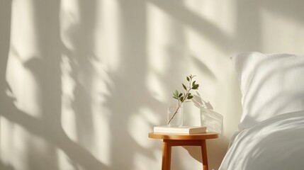Poster - Minimalist Wellness Sanctuary Soft Natural Light, Scandinavian Design Side Table with Botanical Accent - Serene Mindfulness and Interior Tranquility Concept